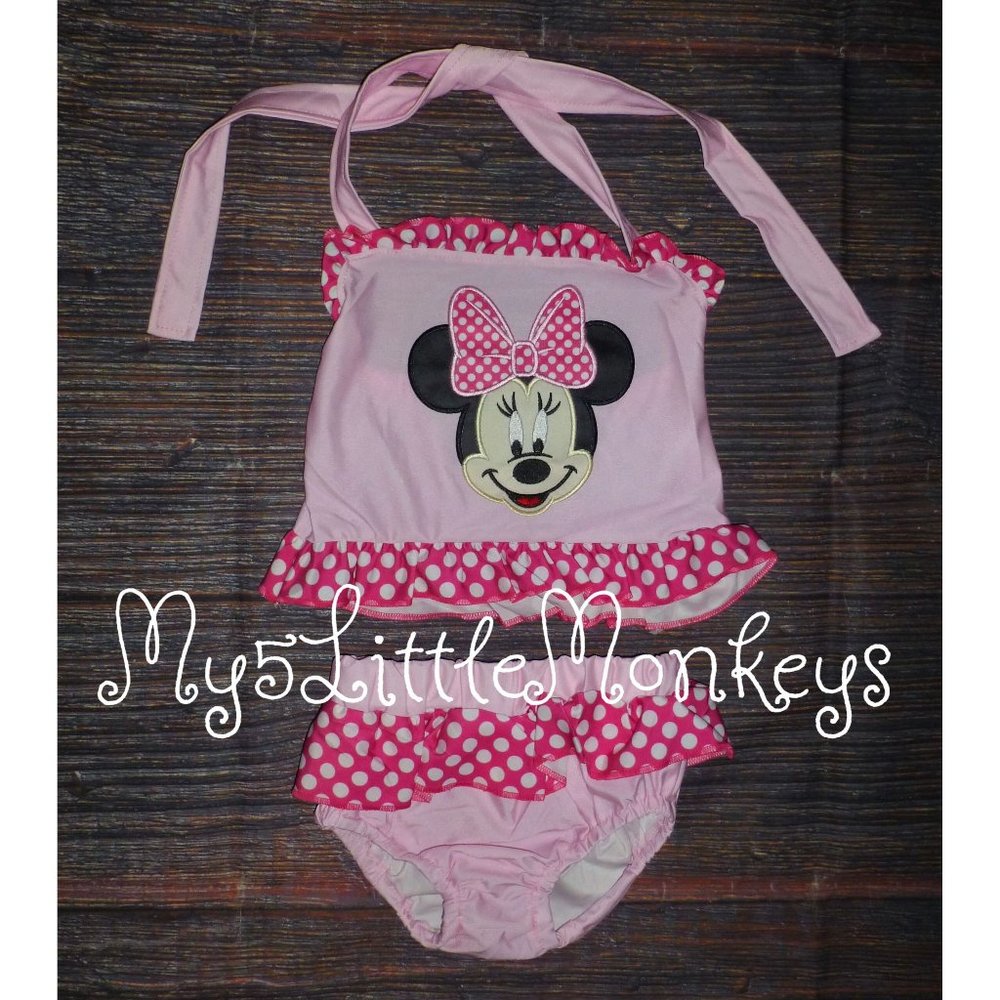 Boutique Minnie Mouse Pink Ruffle Bikini Swimsuit Sunsuit Outfit